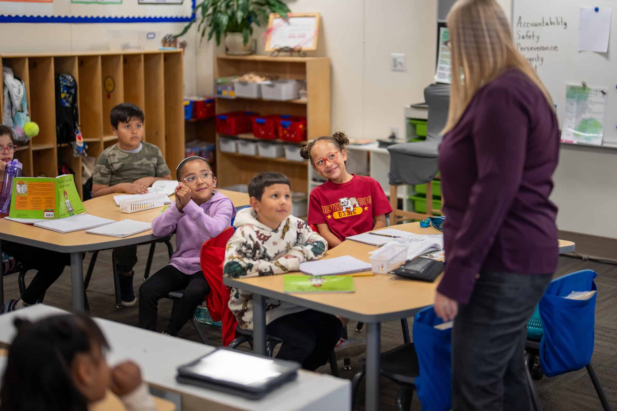 2nd grade students listen to Mrs. Young at Indian Peaks during a lesson