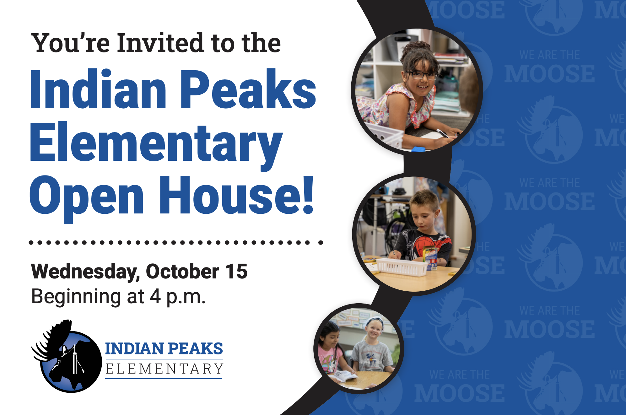 Promotional banner for the Indian Peaks Elementary Open House on October 15 at 4:00 p.m.